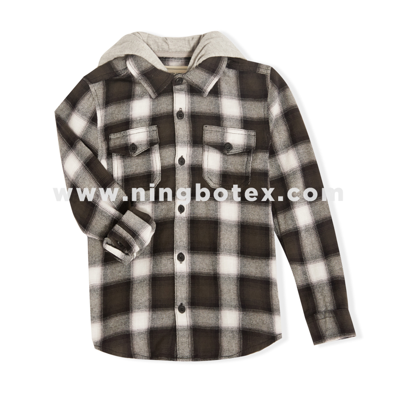 Boys long sleeve fashion cotton flannel check shirt with hood