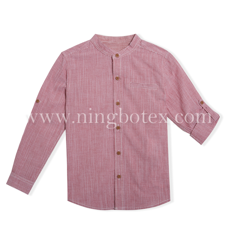 Boys L/S Mandarin Collar Cotton Slub Stripe Shirt