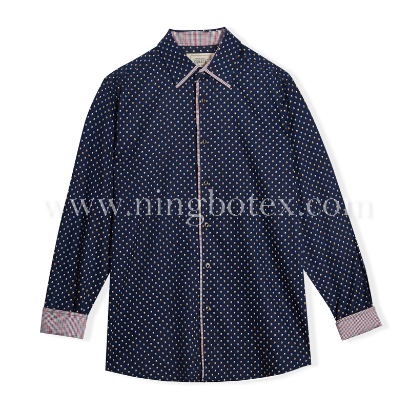 Mens LS Shirt Cotton Satine Geometric Print